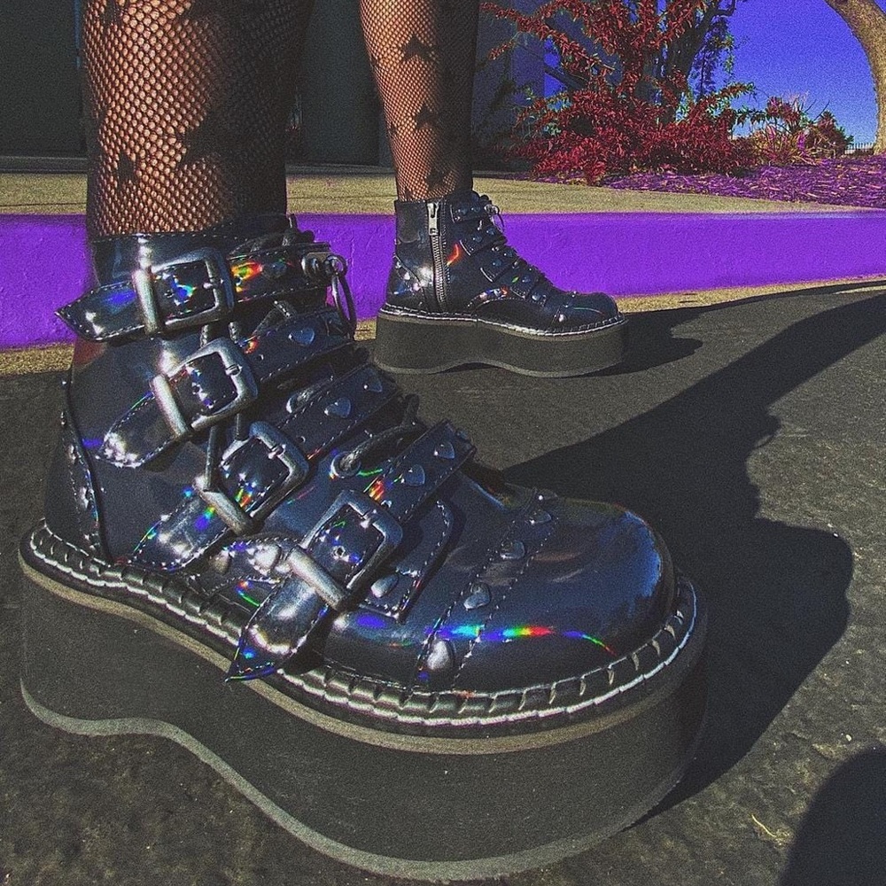 DEMONIAS Emily-315 - Black Hologram Vegan Leather, size 8